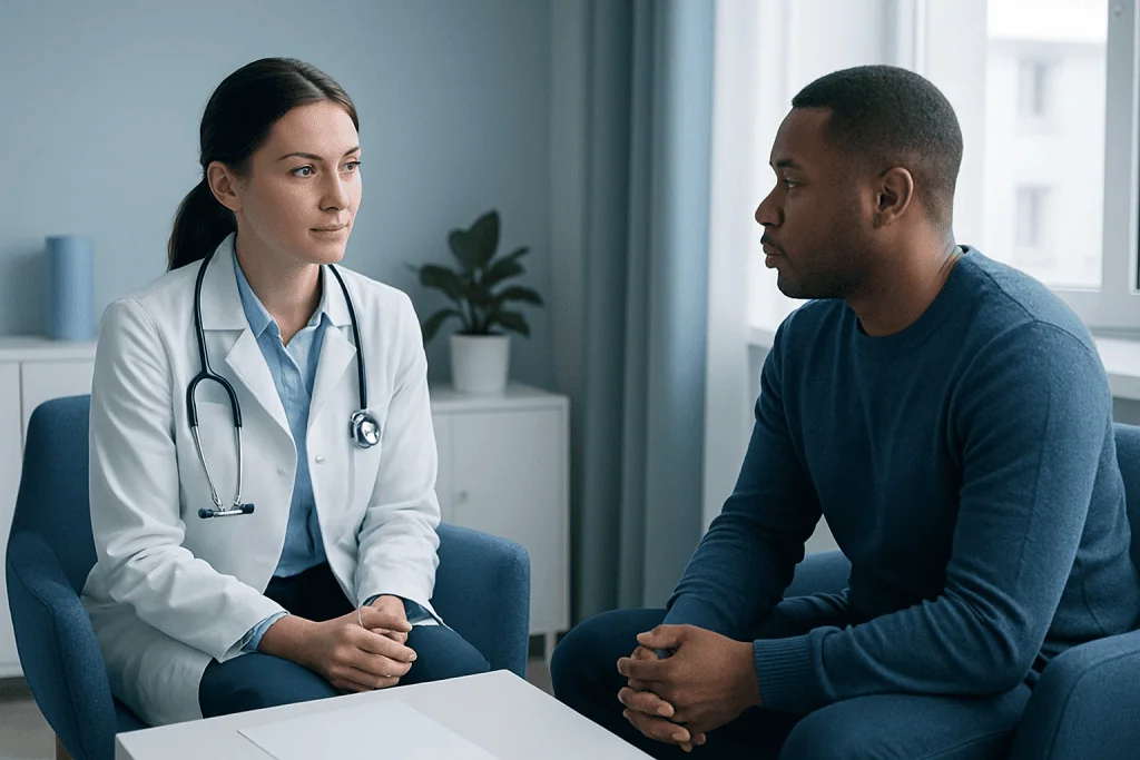 Doctor consulting with a patient in a medical office.