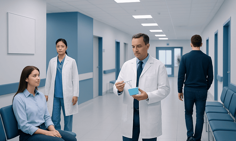 Doctor reviewing patient information in a hospital corridor.