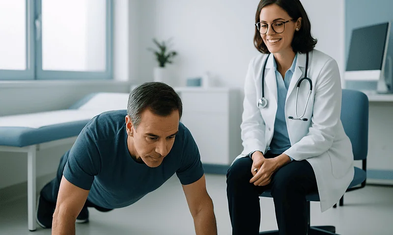 Doctor supervising a man doing push-up exercise in a medical clinic.