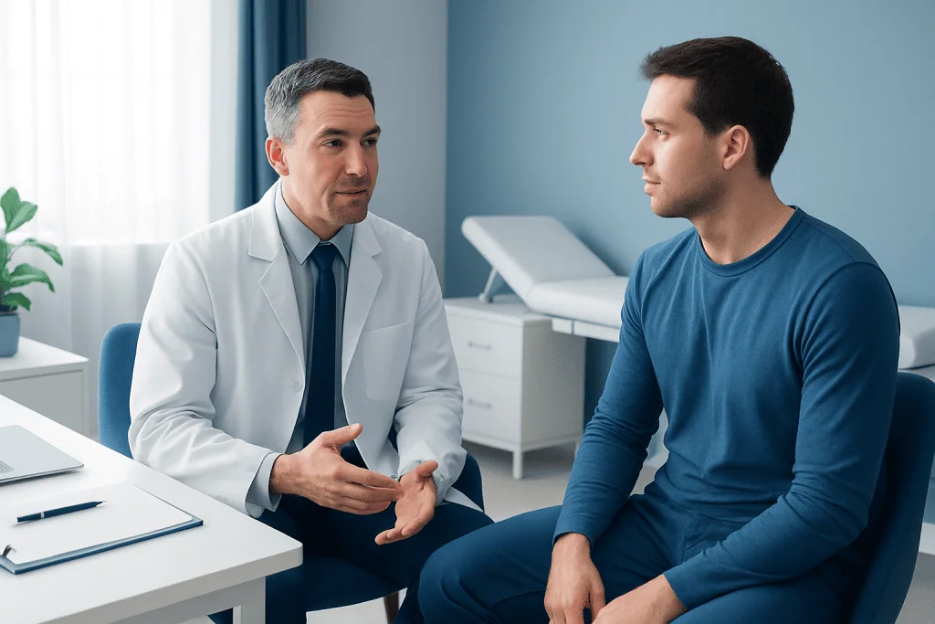 Doctor consulting with male patient in a medical office.