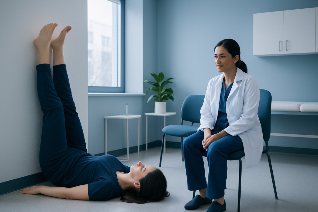 Medical professional consulting patient with legs raised in a clinical setting.