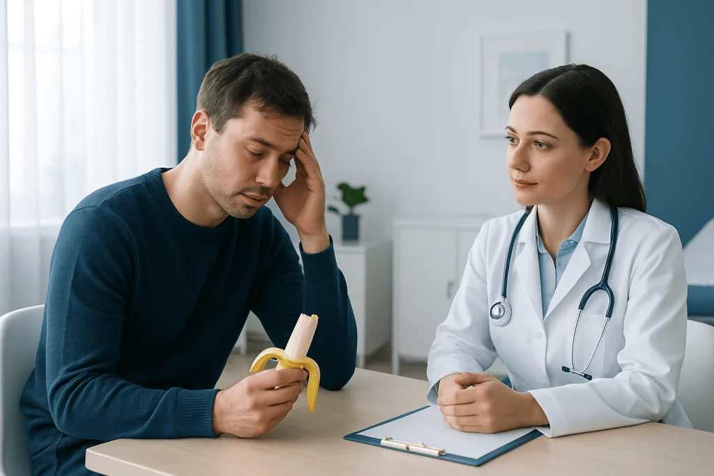 Patient consulting doctor about fever symptoms at hospital.