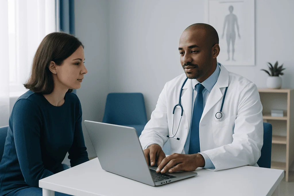 Doctor consulting with a patient in a modern medical office.