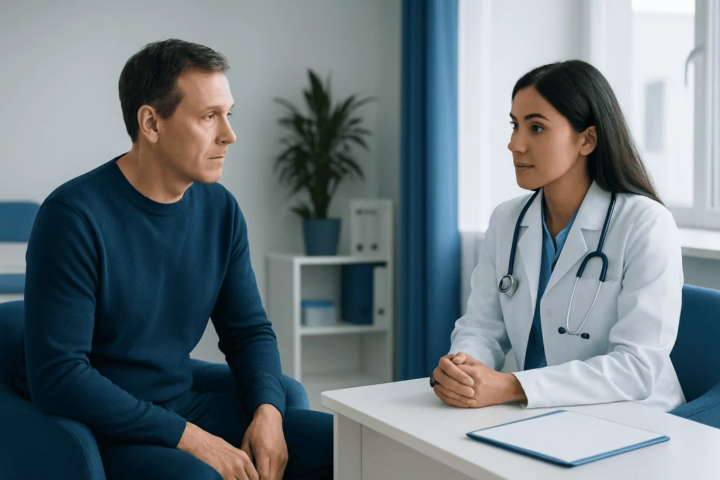 Doctor consulting with male patient in a medical office setting.