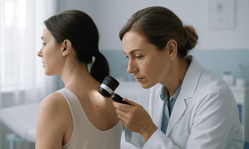 Dermatologist examining a woman's skin with a dermatoscope at Acibadem Hospital.