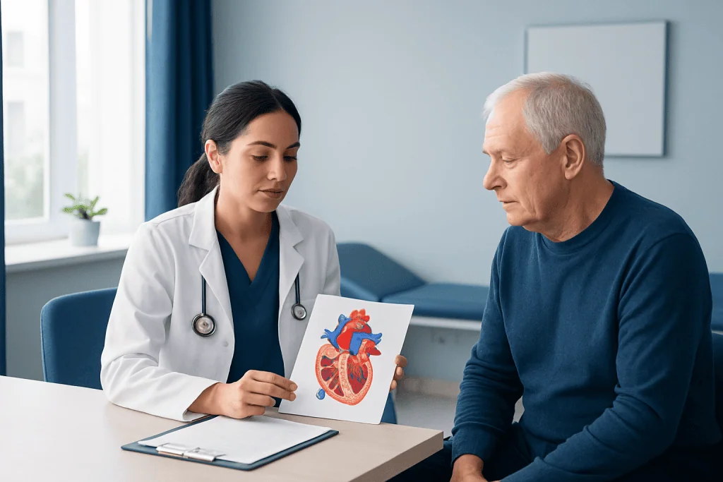 Doctor explaining heart diagram to patient in a consultation room.