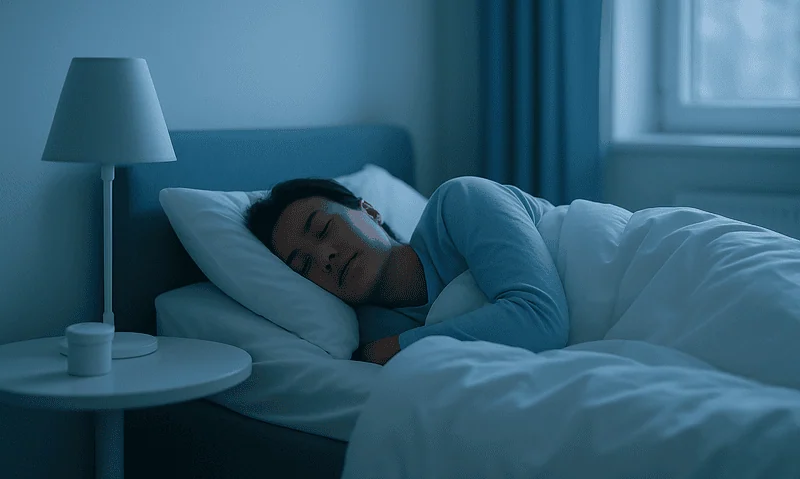 Young man sleeping peacefully in a dark bedroom with blue lighting.