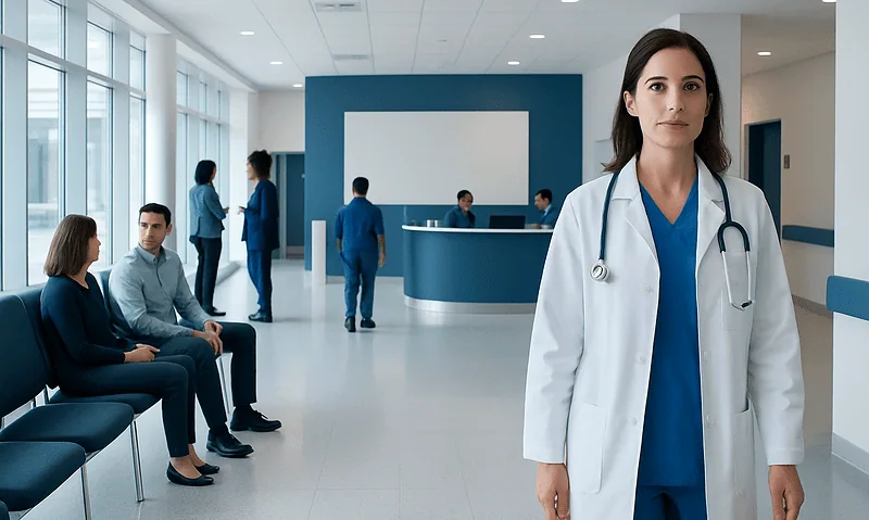 Healthcare professional in a hospital waiting area with patients and staff.
