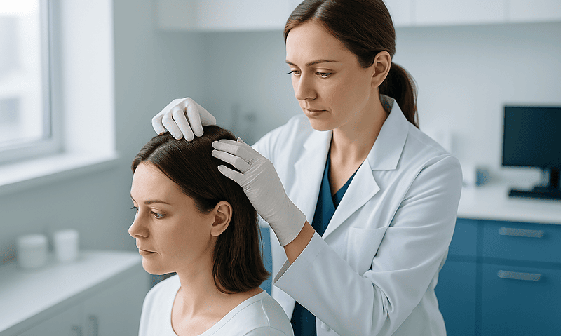 How to Fix Frizzy Hair: The Science of Smoother Strands 3 Doctor examining patient's scalp in a clinical setting.