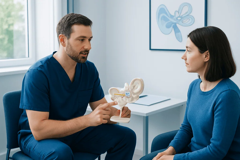 ENT specialist explaining ear anatomy to patient during consultation.