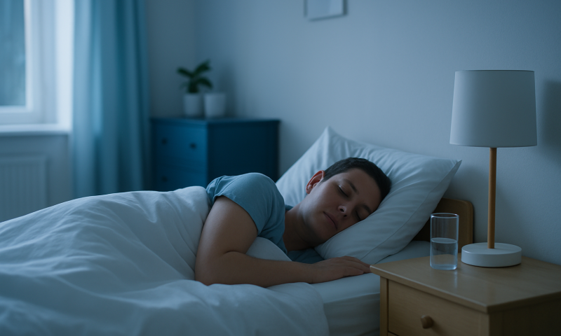 Young man sleeping peacefully in a cozy bedroom with soft lighting.