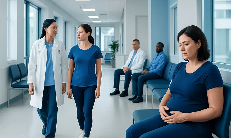 Pregnant woman in hospital waiting area with medical staff and other patients.