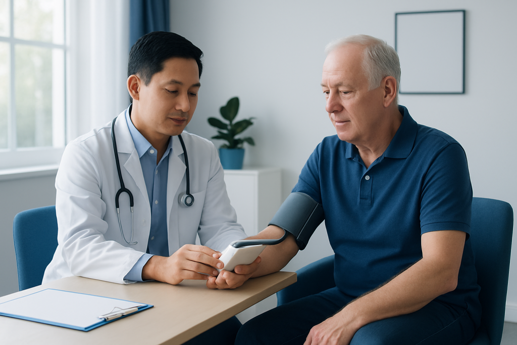 Doctor measuring senior man's blood pressure at clinic.