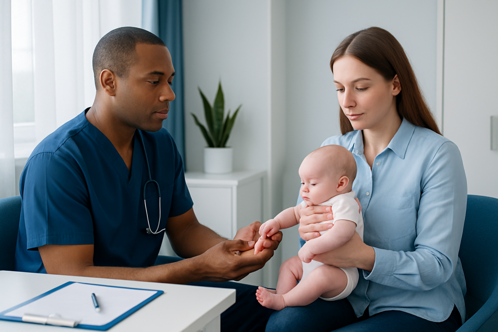 Pediatrician examining a baby with mother in a clinic setting.