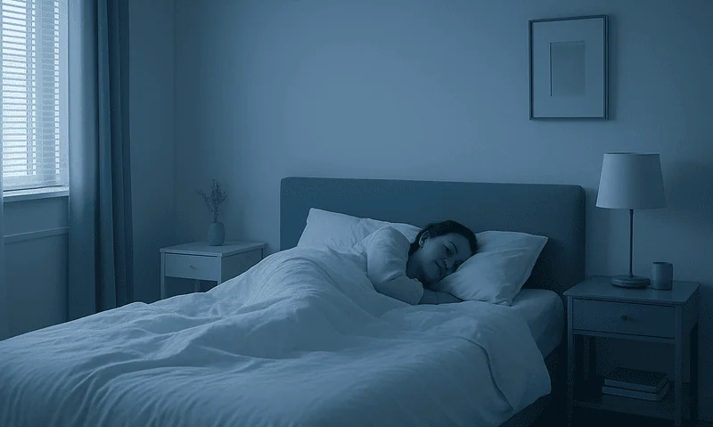 Woman sleeping peacefully in a dimly lit bedroom for better sleep quality.