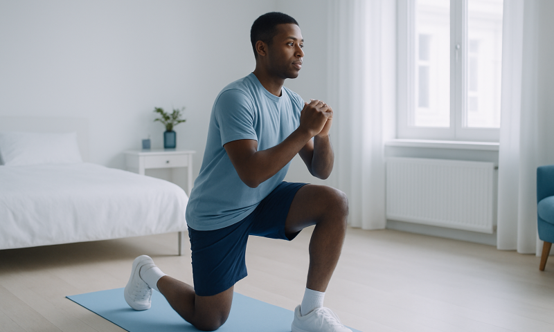 Man performing lunges in a bright, modern bedroom for fitness exercise.