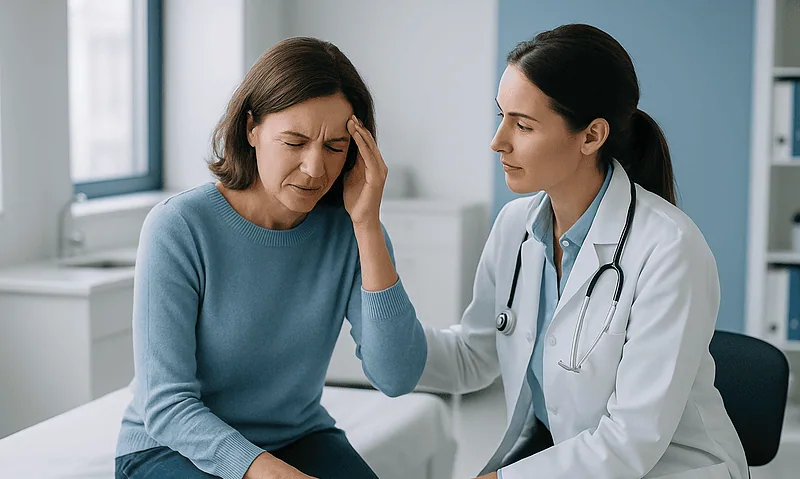 Doctor examining a woman with headache in a clinical setting.