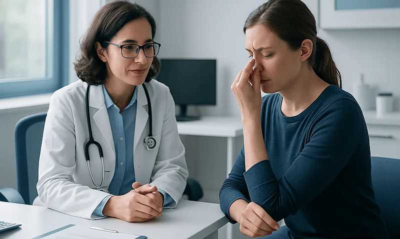 Doctor consulting with a woman experiencing nasal congestion in a medical office.