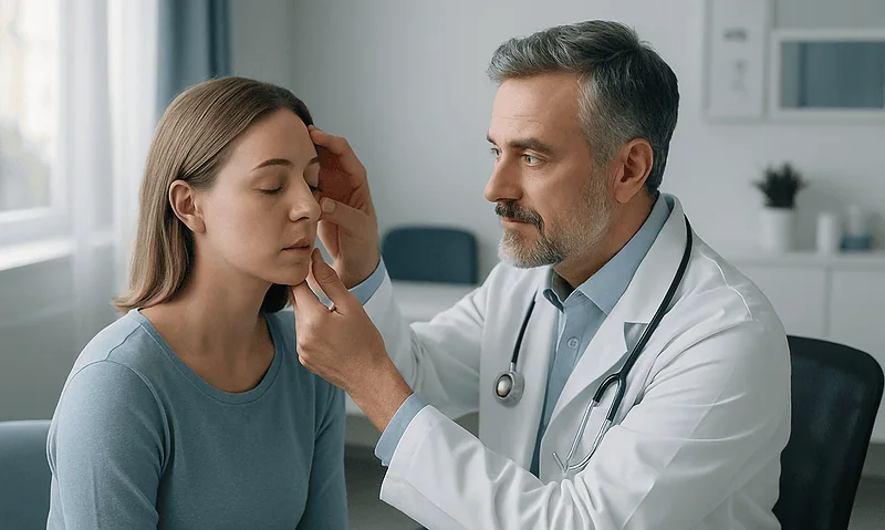 Doctor examining a woman's eye in a medical consultation room.