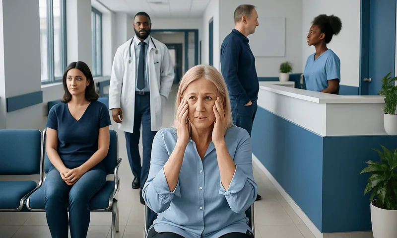 Woman experiencing eye discomfort in a hospital waiting area.