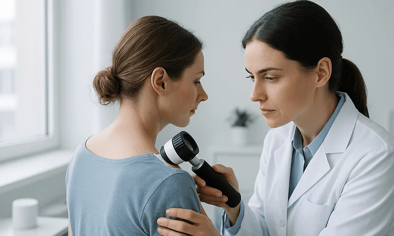 Dermatologist examining a patient's shoulder with a dermatoscope in a clinical setting.