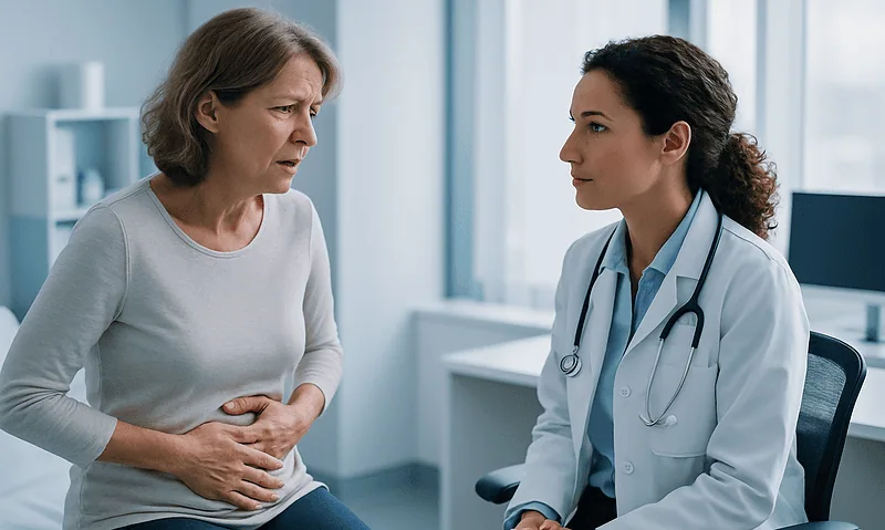 Doctor consulting with a woman patient about bloating symptoms in a medical office.
