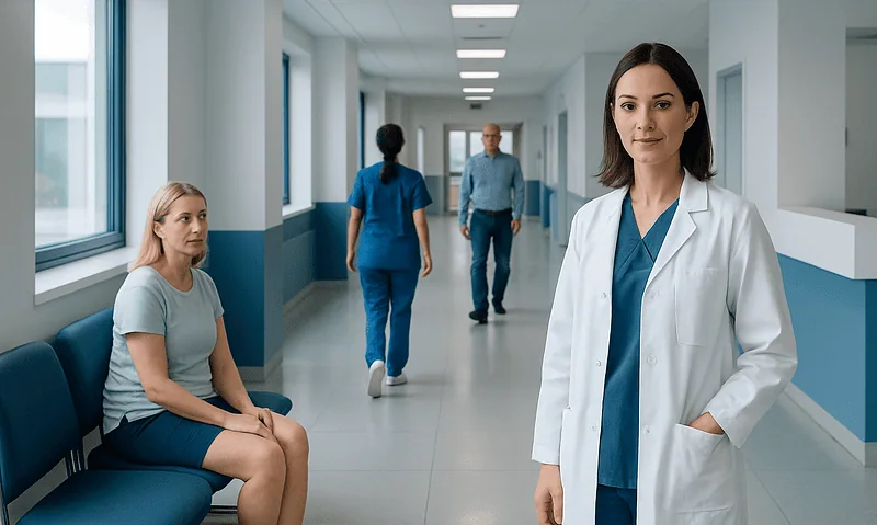 Healthcare professionals and patient in a hospital corridor.
