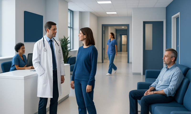 Doctor consulting with patient in hospital corridor.