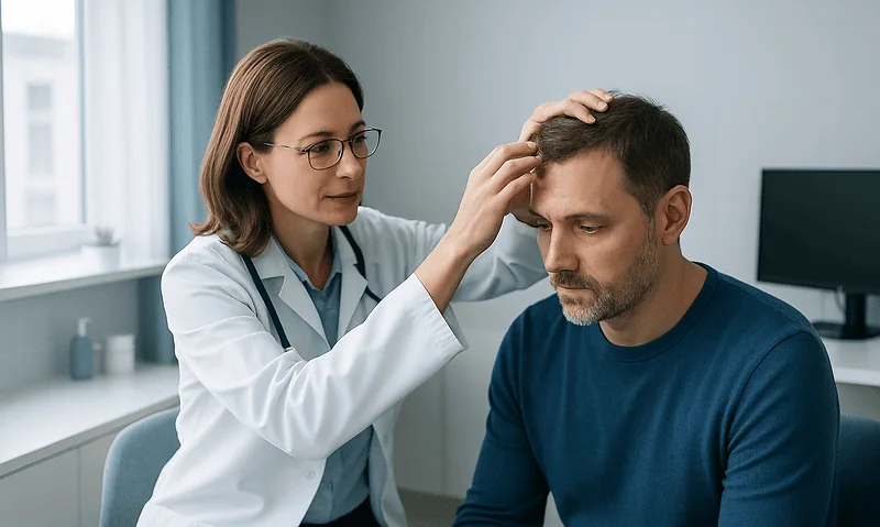 Doctor examining man's scalp for dandruff or scalp issues.