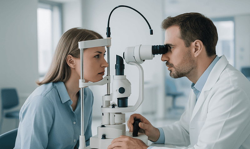 Optometrist examines patient's eyes with slit lamp in clinic setting.