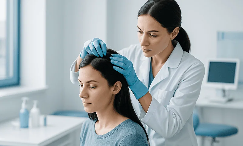 Dermatologist examining scalp for ingrown hair or skin issues.