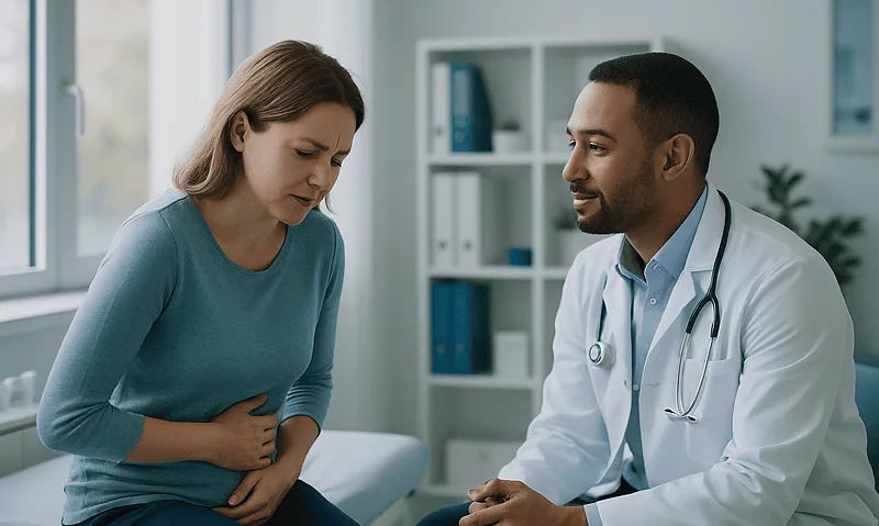Doctor consulting with a woman experiencing nausea in a medical office.