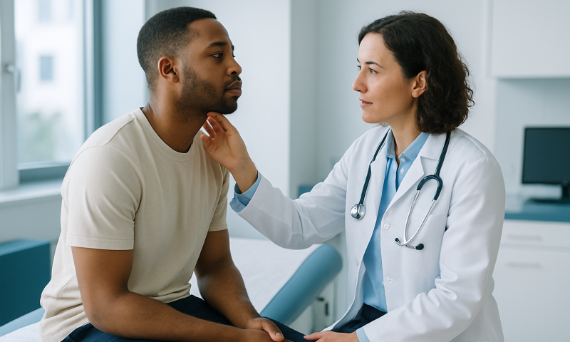 Doctor examining a patient's face in a clinical setting.