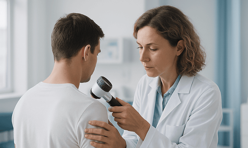 Dermatologist examines patient's skin with a dermatoscope in a clinical setting.