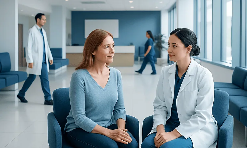 Doctor consulting with a patient in a modern hospital waiting area.