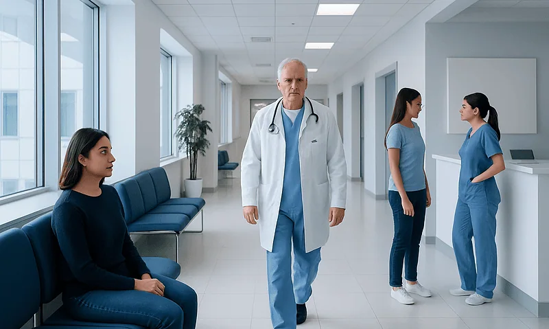 Doctor walking in hospital corridor with patients and staff.