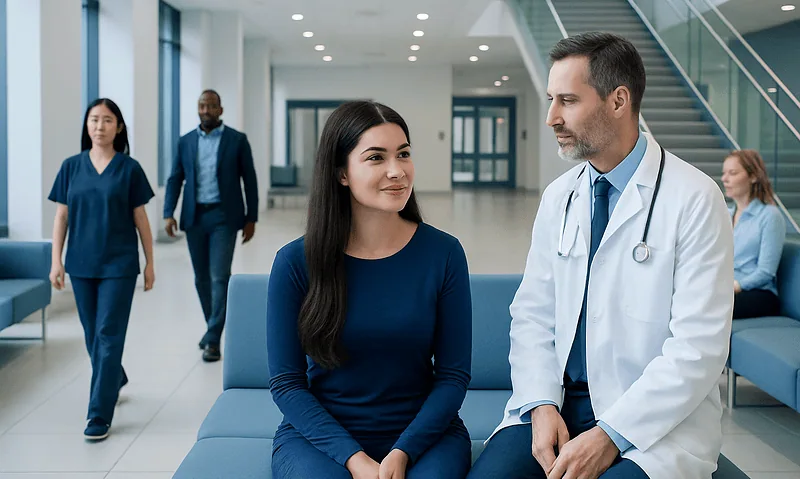 Doctor consulting a patient in a modern hospital lobby.