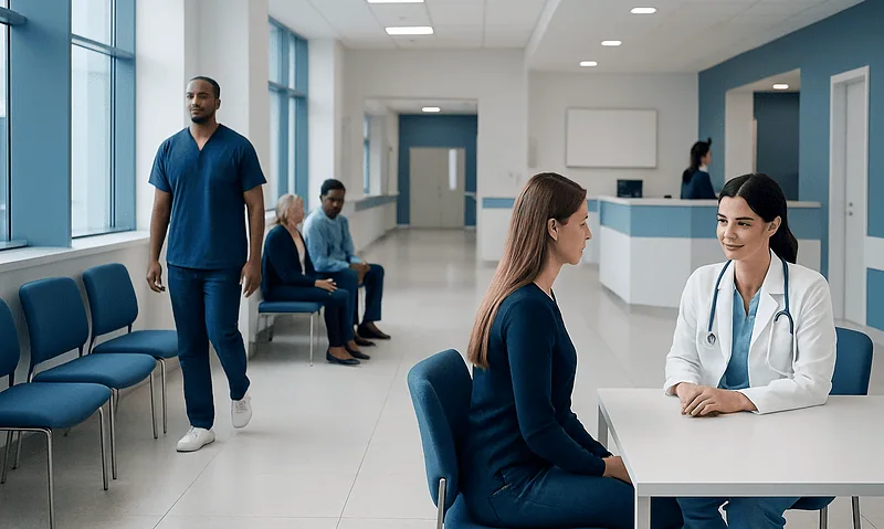 Healthcare professionals and patients in a modern hospital waiting area.