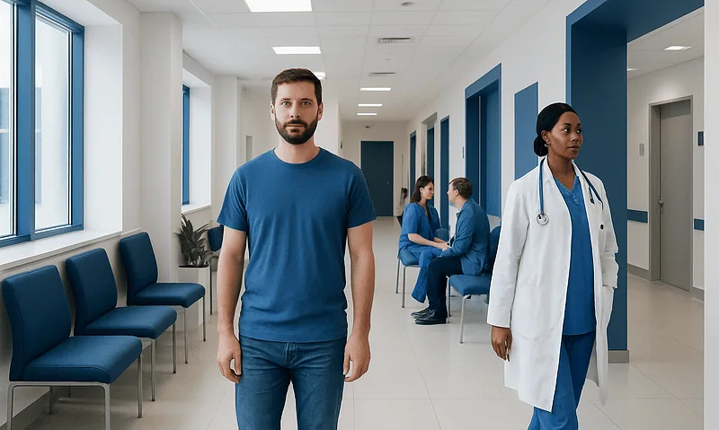 Male patient waiting in hospital corridor with medical staff nearby.