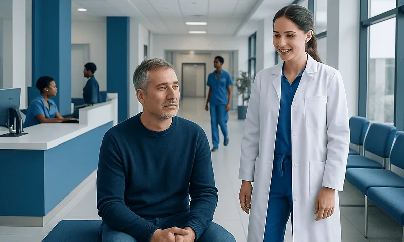Patient consulting with a healthcare professional in a modern hospital corridor.