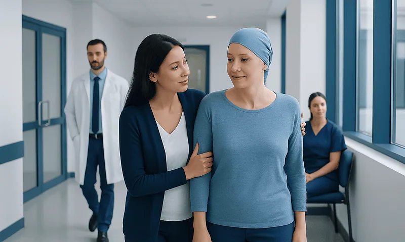 Compassionate nurse supporting a patient undergoing chemotherapy at Acibadem Hospital.