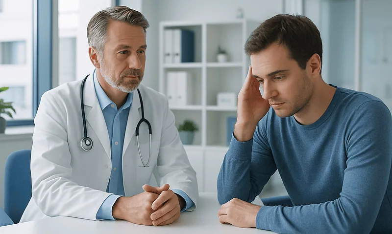 Doctor consulting with a young male patient in a modern clinic setting.