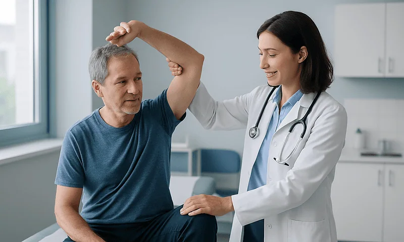 Doctor examining patient's shoulder for flexibility assessment.