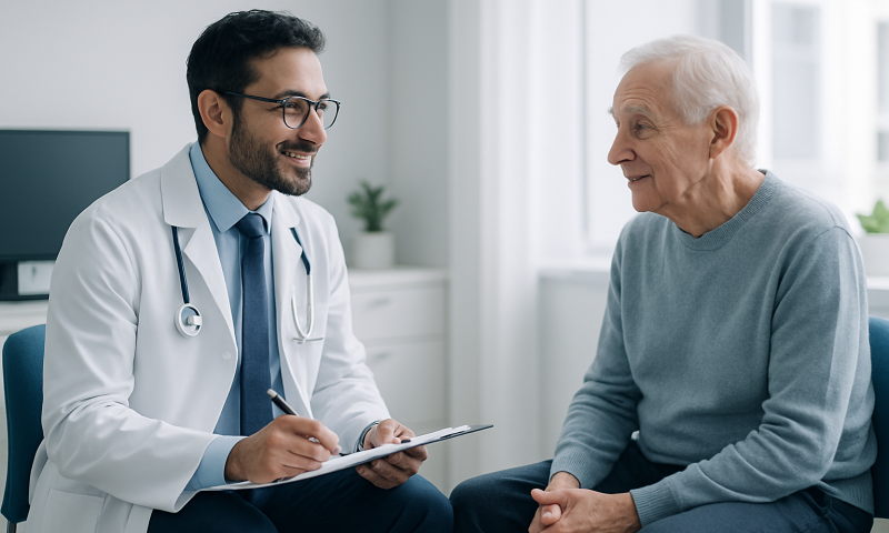 Doctor consulting with elderly patient in a medical office.