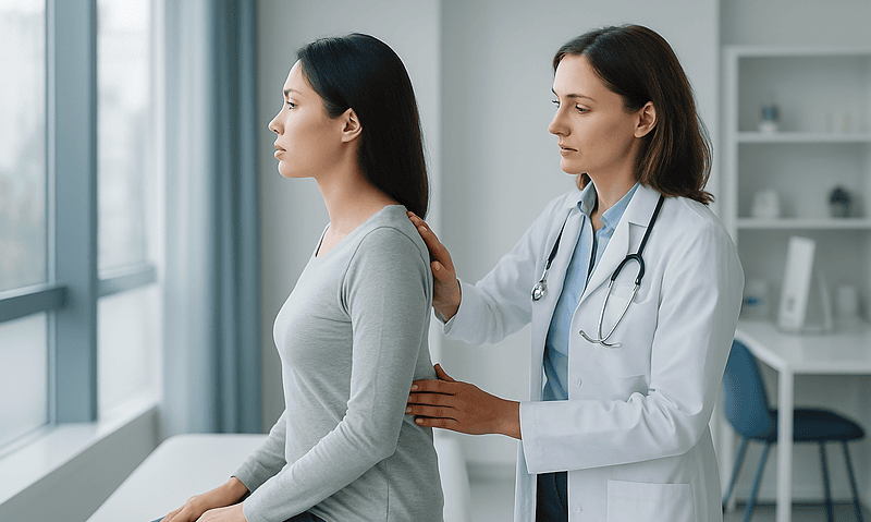 Doctor examining a woman's posture in a clinical setting.