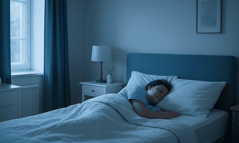 Woman sleeping peacefully in a cozy bedroom with blue decor.