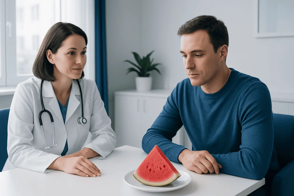 Doctor consulting patient about watermelon and diet health benefits.