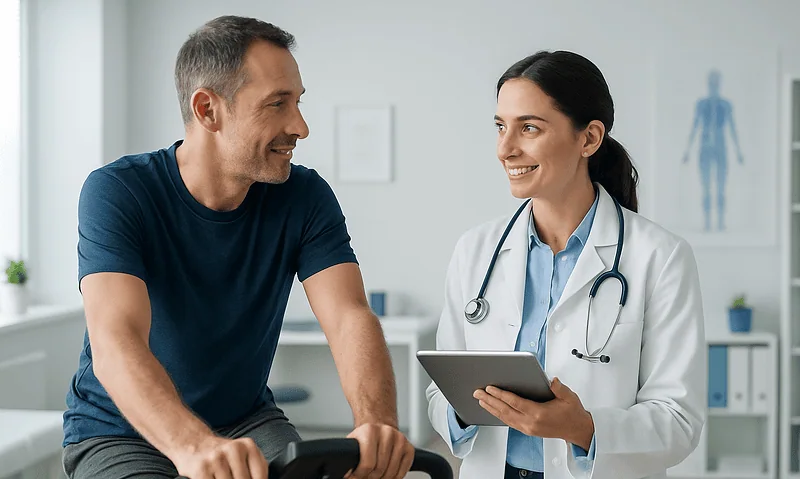 Doctor consulting with patient on exercise bike at hospital.
