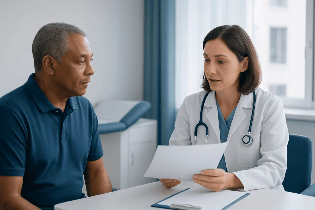 Doctor consulting with patient in a hospital setting.