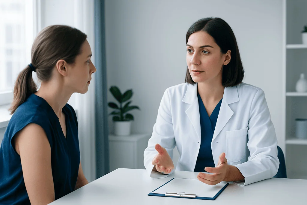 Doctor consulting with patient in a modern medical office.
